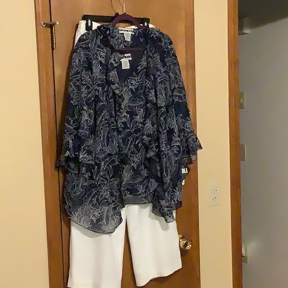 Dana Kay Navy Floral Blouse with White Pants